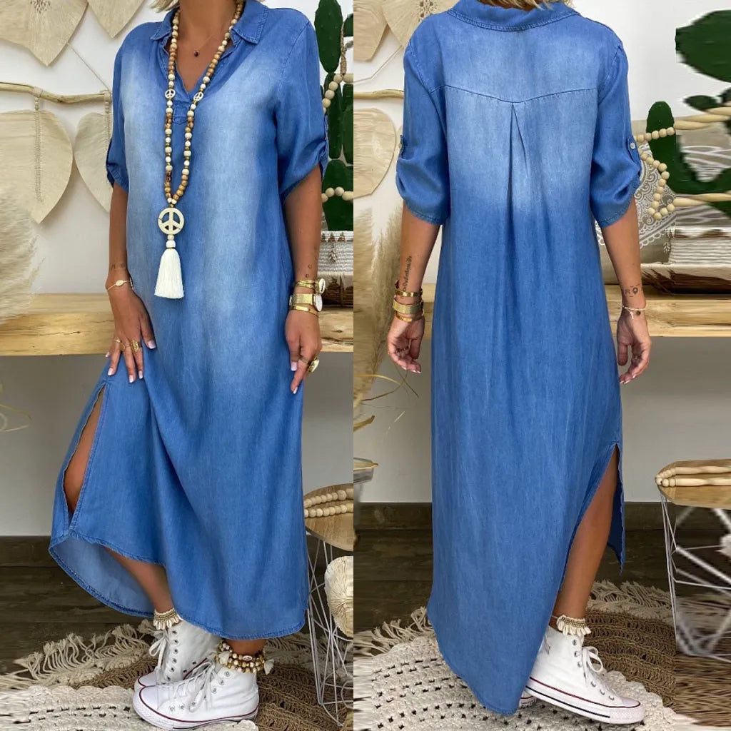Lea™ | Stylish denim-look maxi dress with side slit