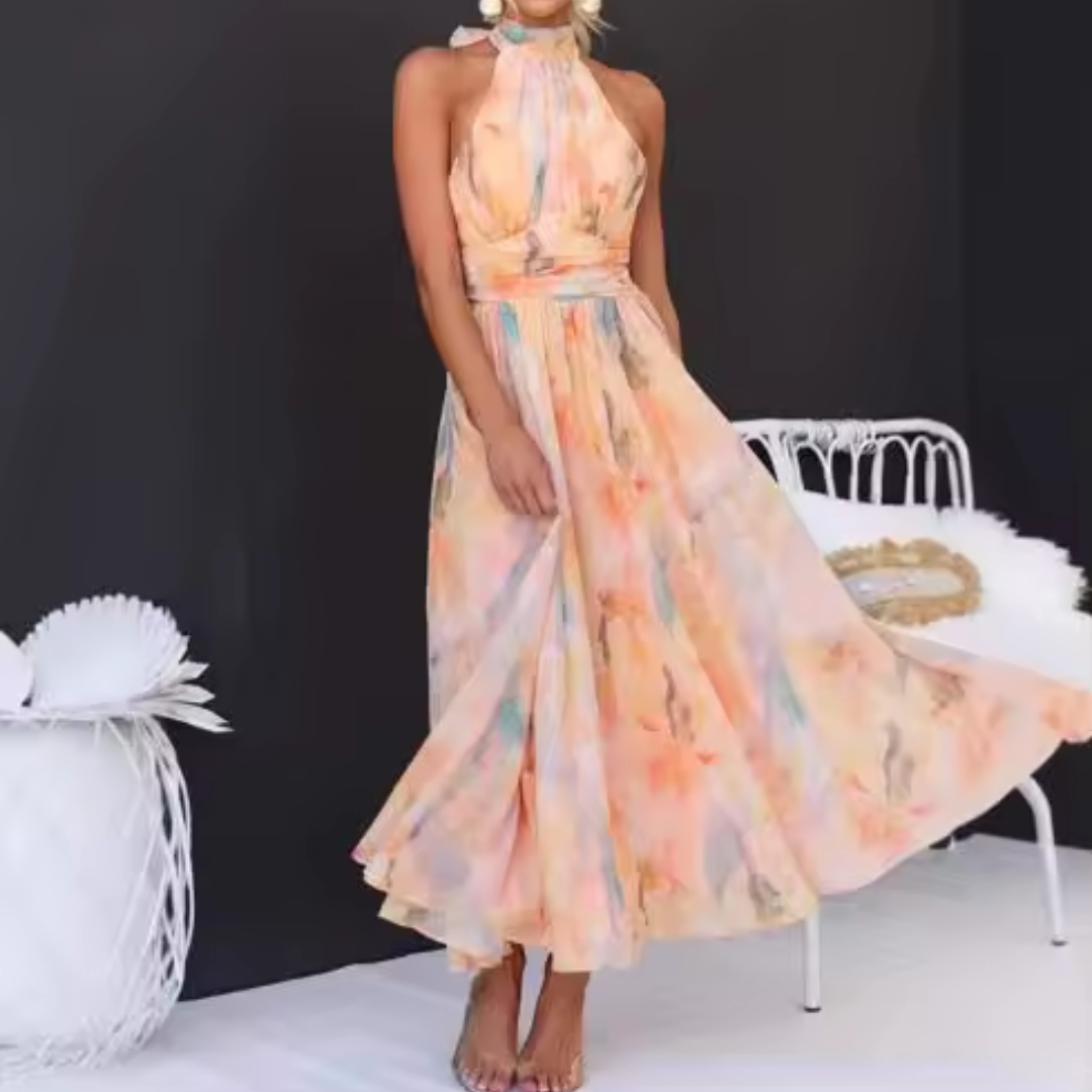 Elise | Elegant Backless Dress with Vibrant Watercolour Design