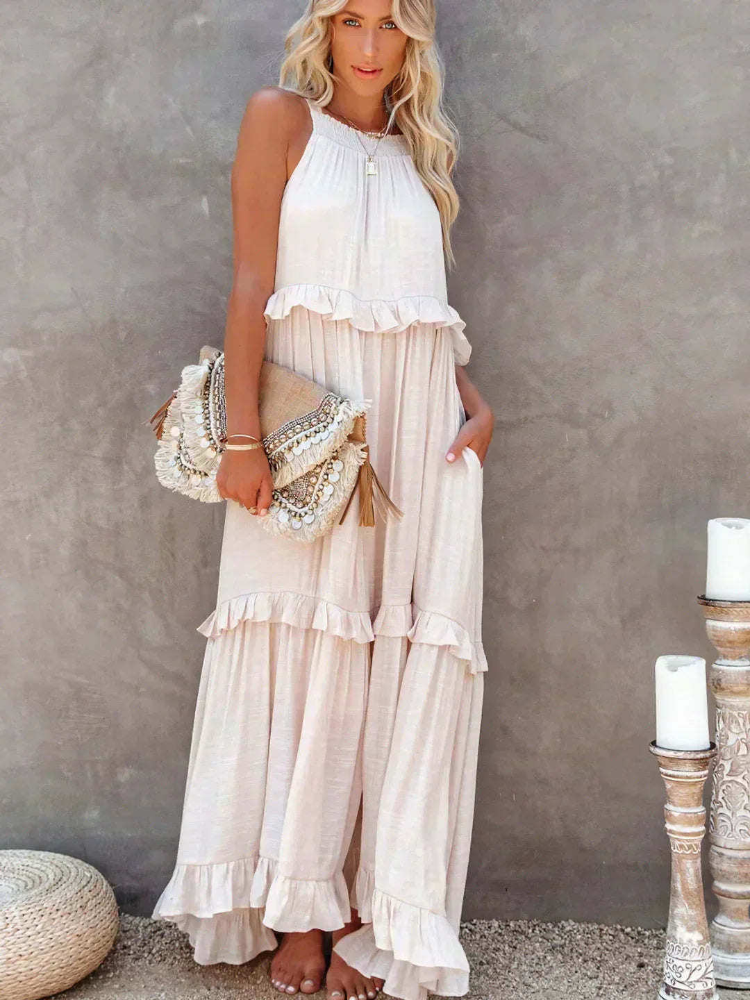 Sarah | Elegant Halter Maxi Dress with Ruffles, Perfect for Summer
