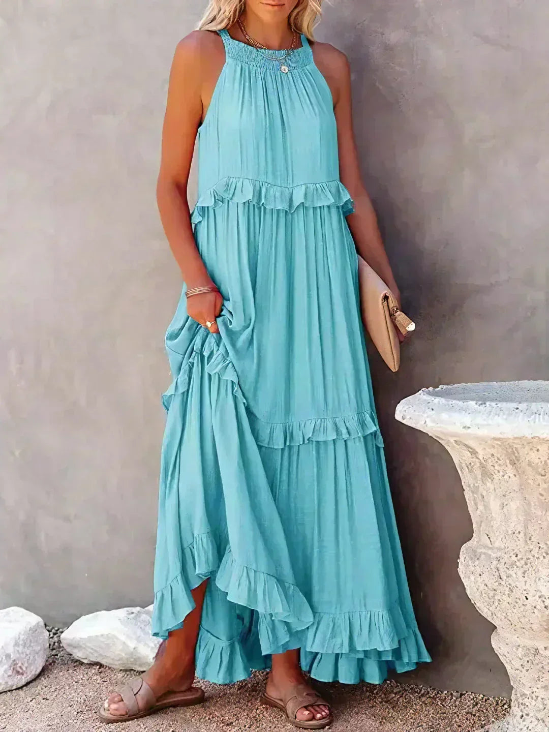 Sarah | Elegant Halter Maxi Dress with Ruffles, Perfect for Summer