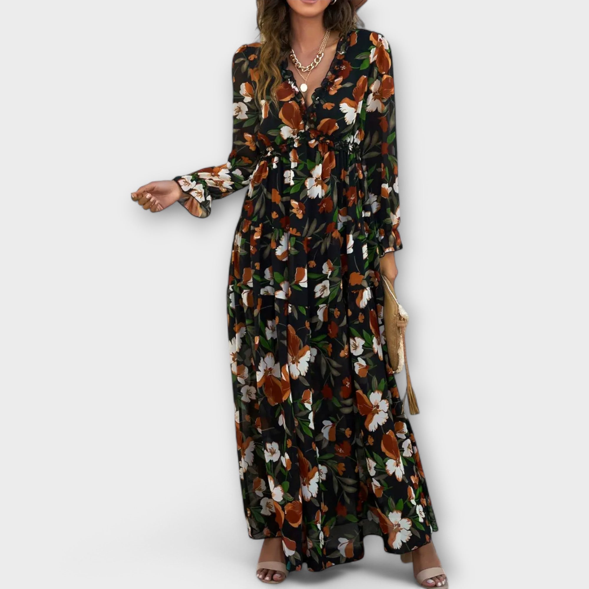 Solène™ | Elegant long floral dress with sleeves, perfect for any occasion