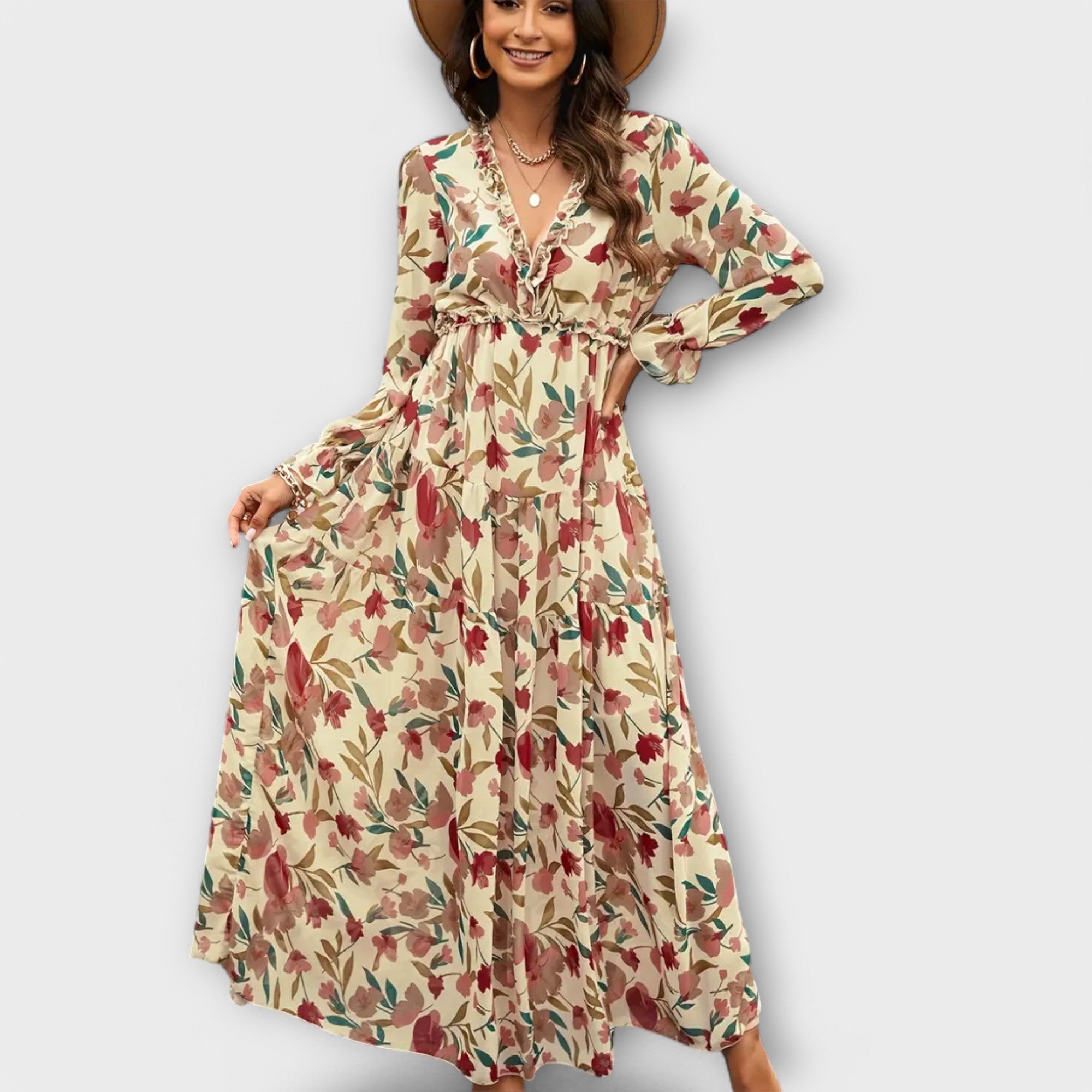 Solène™ | Elegant long floral dress with sleeves, perfect for any occasion