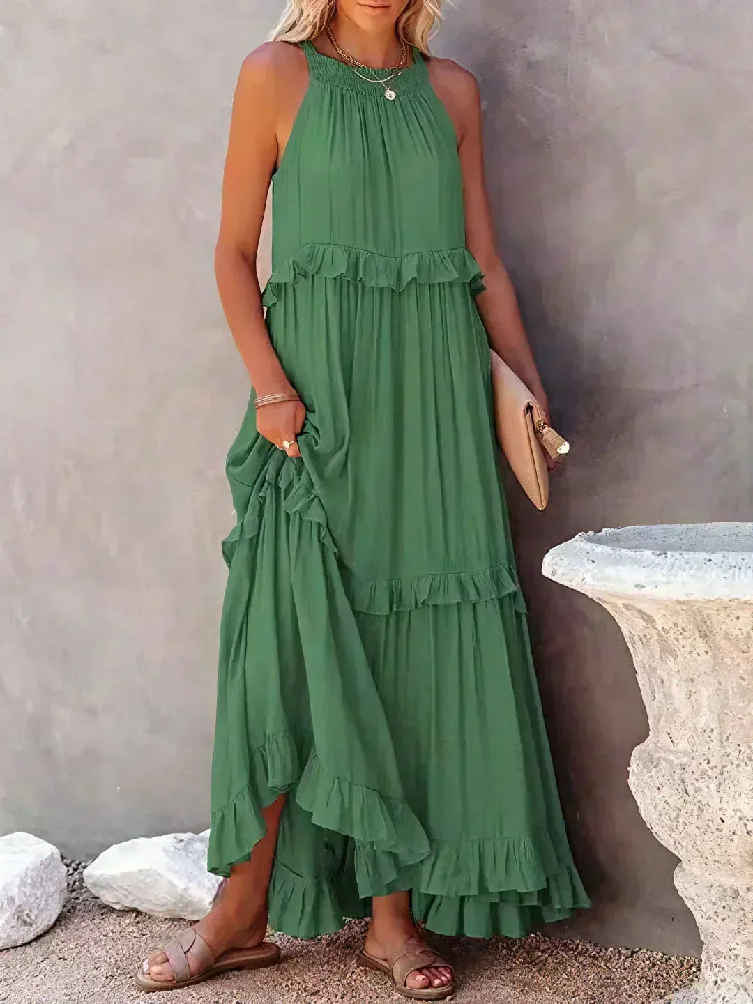 Sarah | Elegant Halter Maxi Dress with Ruffles, Perfect for Summer