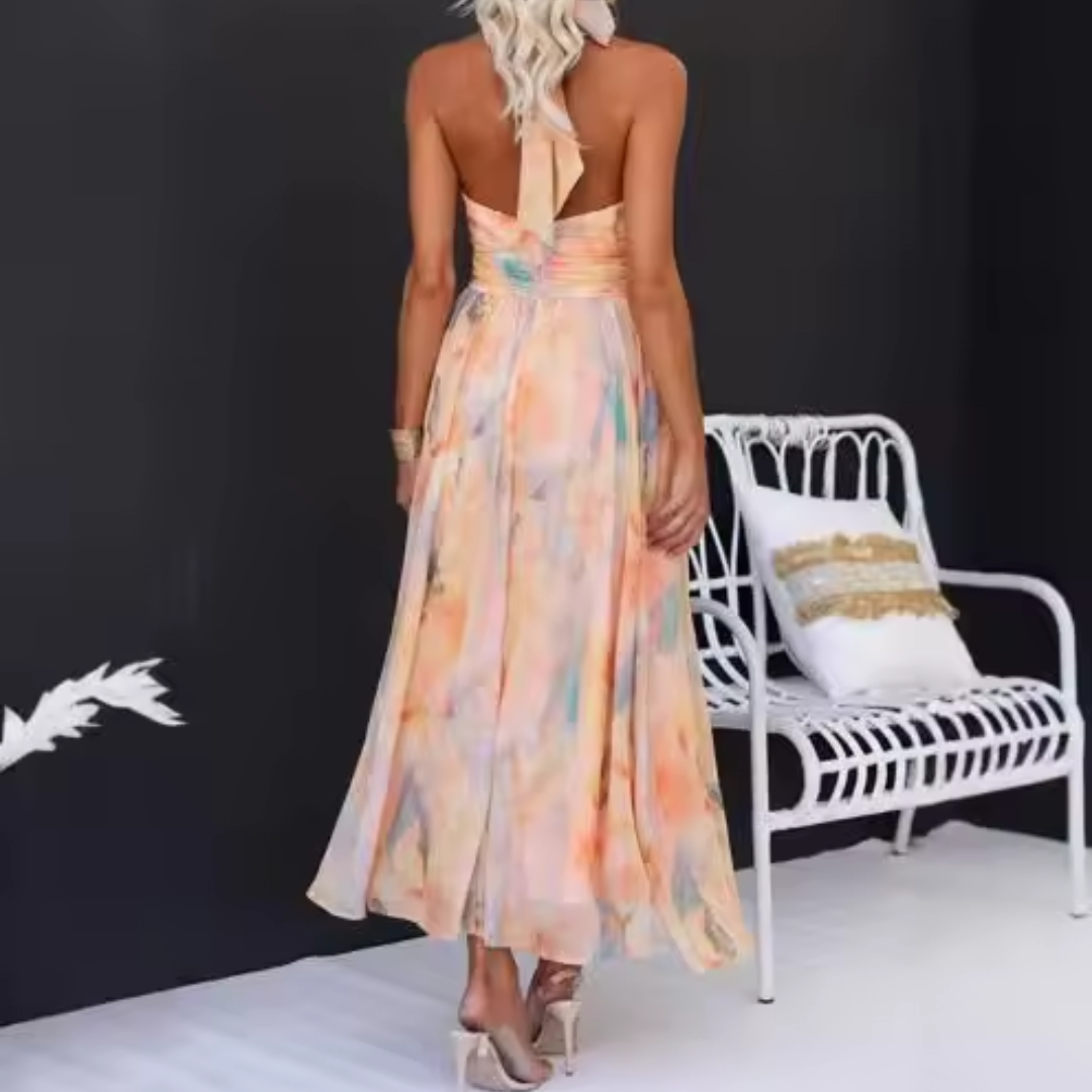 Elise | Elegant Backless Dress with Vibrant Watercolour Design