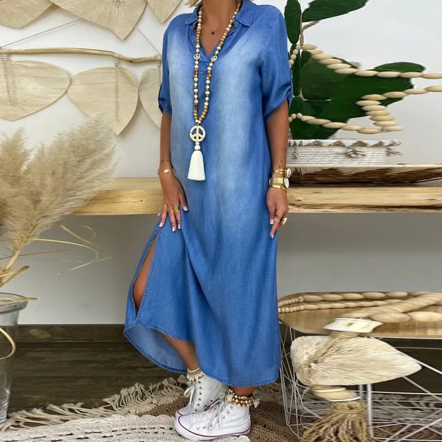 Lea™ | Stylish denim-look maxi dress with side slit