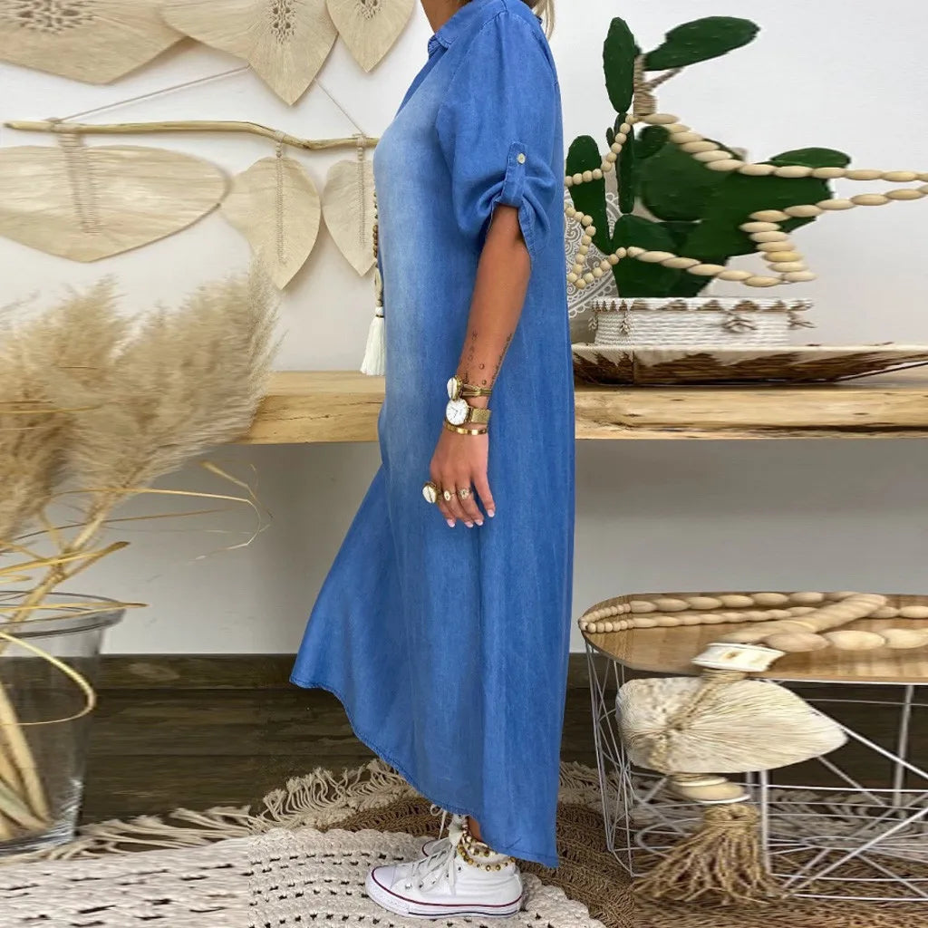 Lea™ | Stylish denim-look maxi dress with side slit