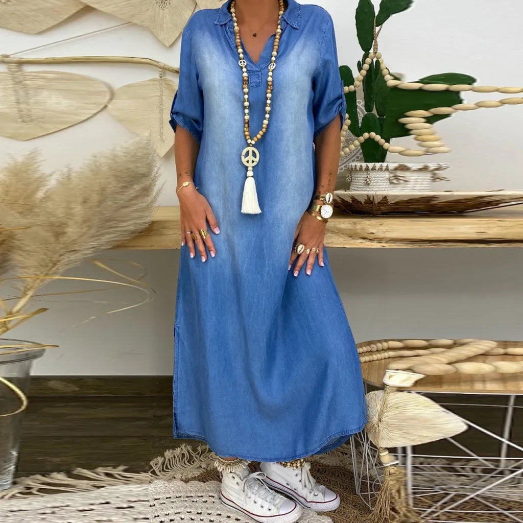 Lea™ | Stylish denim-look maxi dress with side slit