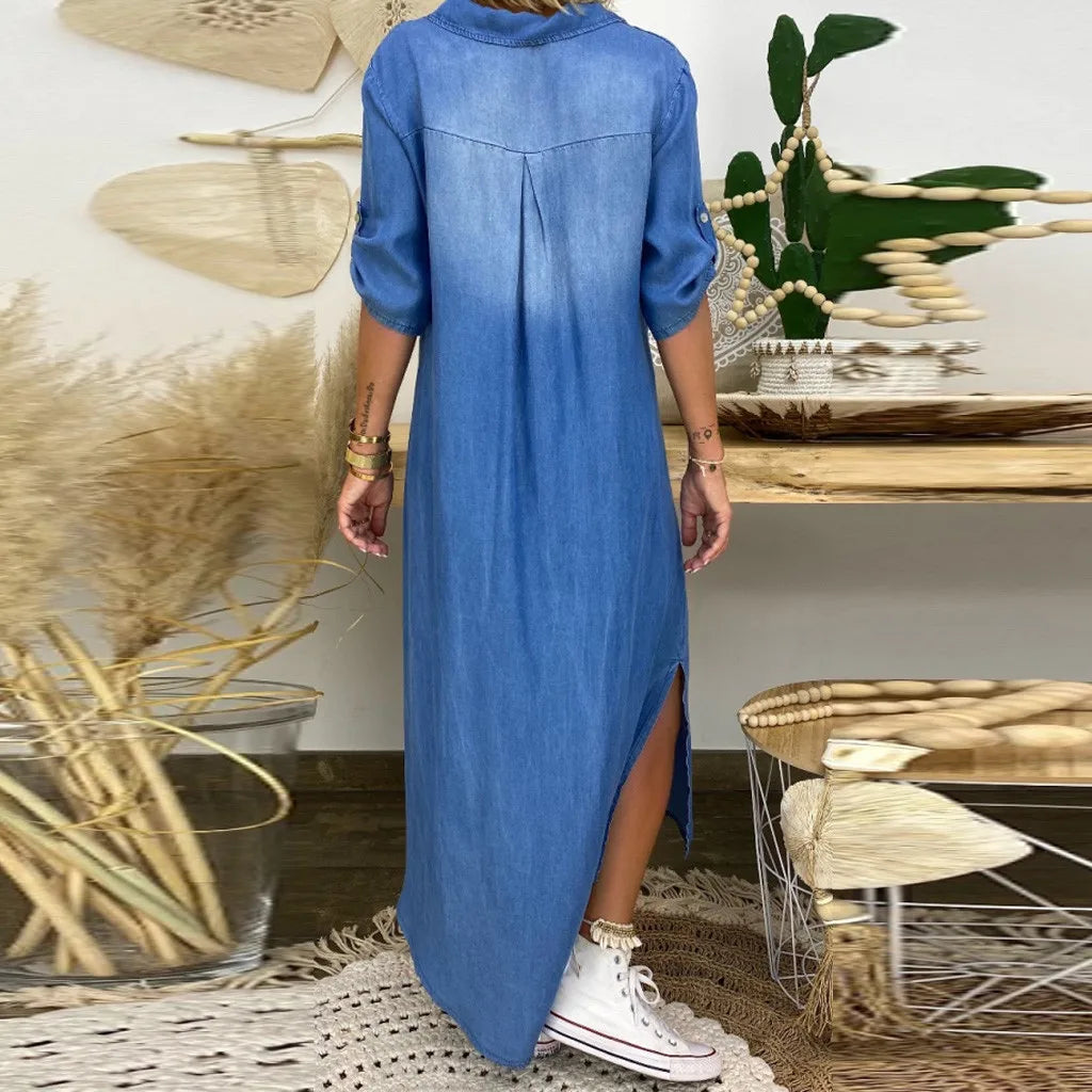 Lea™ | Stylish denim-look maxi dress with side slit