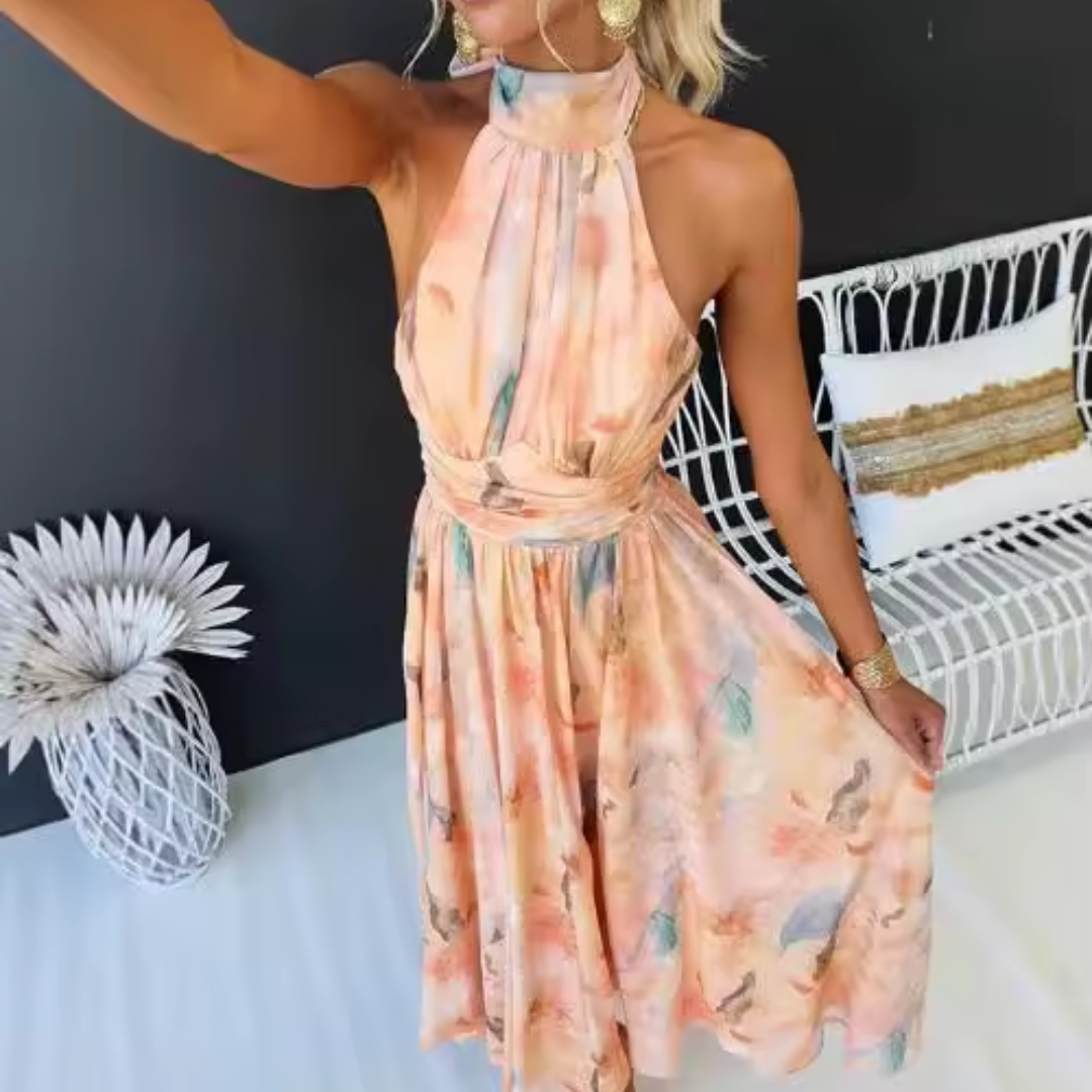 Elise | Elegant Backless Dress with Vibrant Watercolour Design
