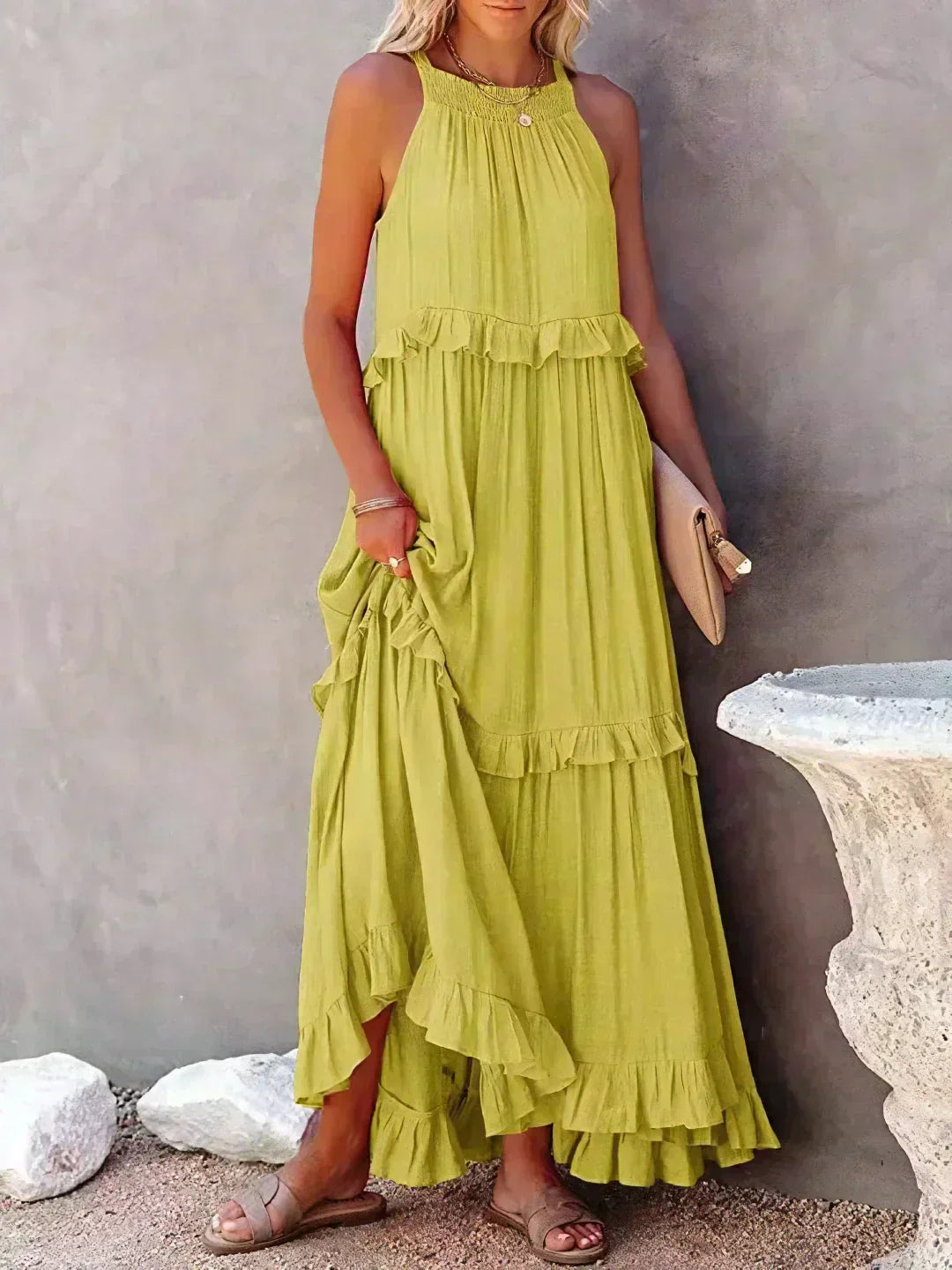 Sarah | Elegant Halter Maxi Dress with Ruffles, Perfect for Summer