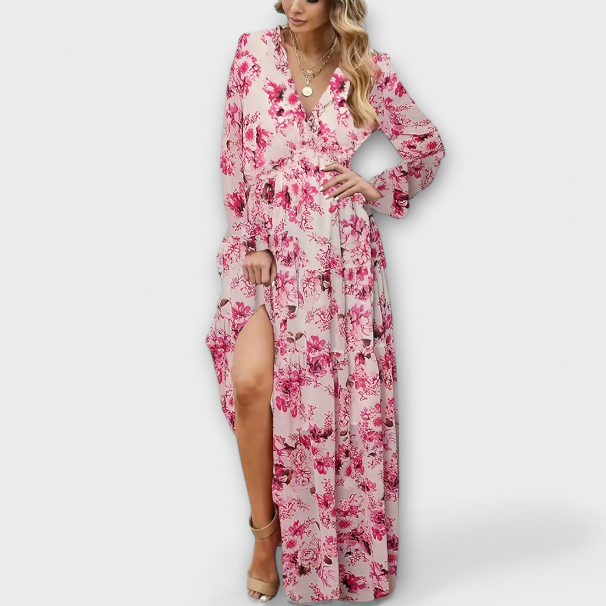 Solène™ | Elegant long floral dress with sleeves, perfect for any occasion