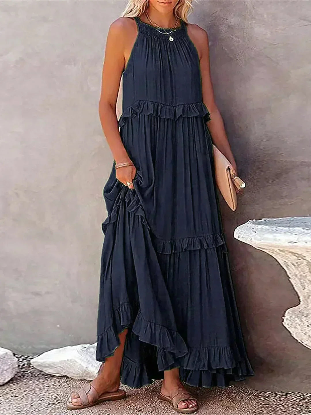 Sarah | Elegant Halter Maxi Dress with Ruffles, Perfect for Summer