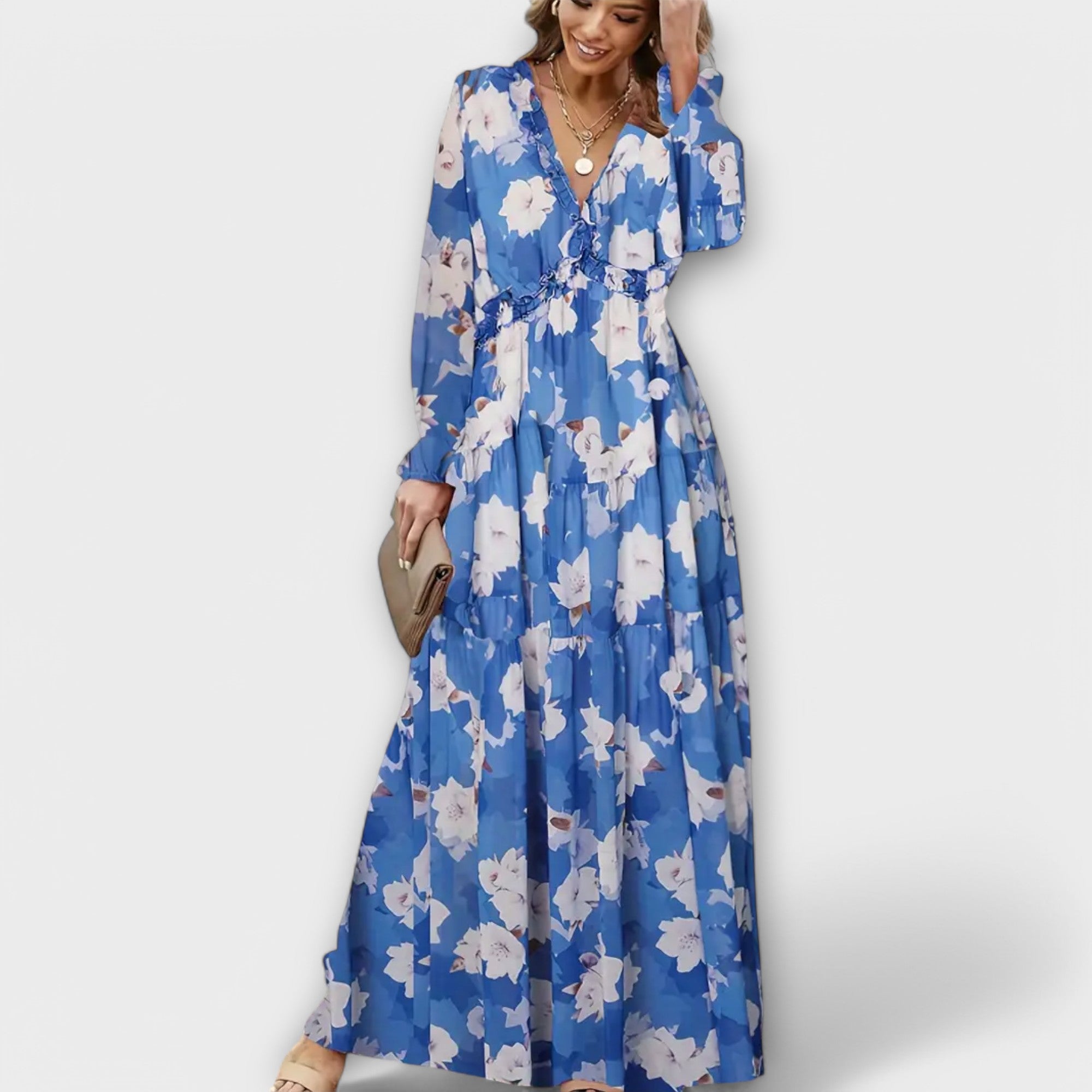 Solène™ | Elegant long floral dress with sleeves, perfect for any occasion