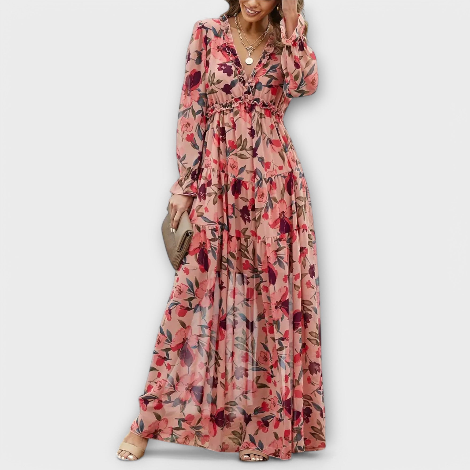 Solène™ | Elegant long floral dress with sleeves, perfect for any occasion