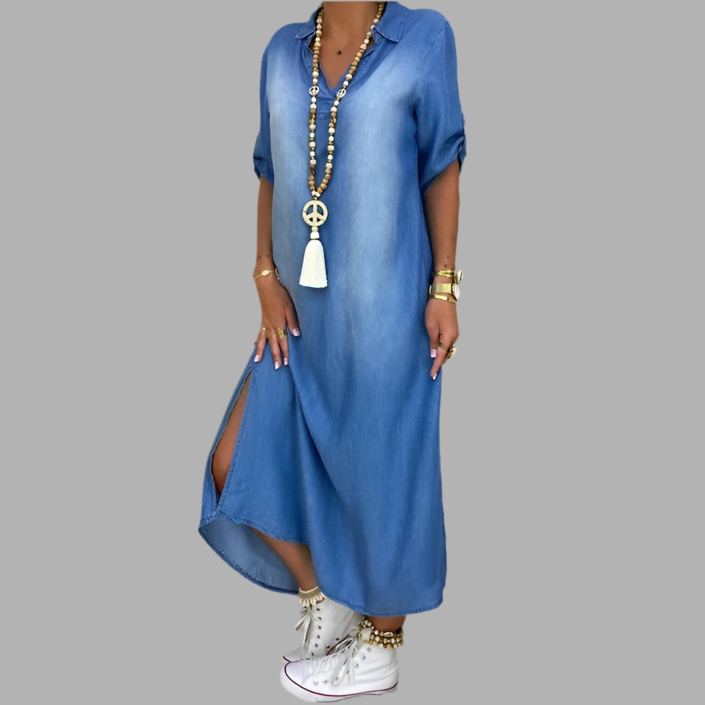Lea™ | Stylish denim-look maxi dress with side slit