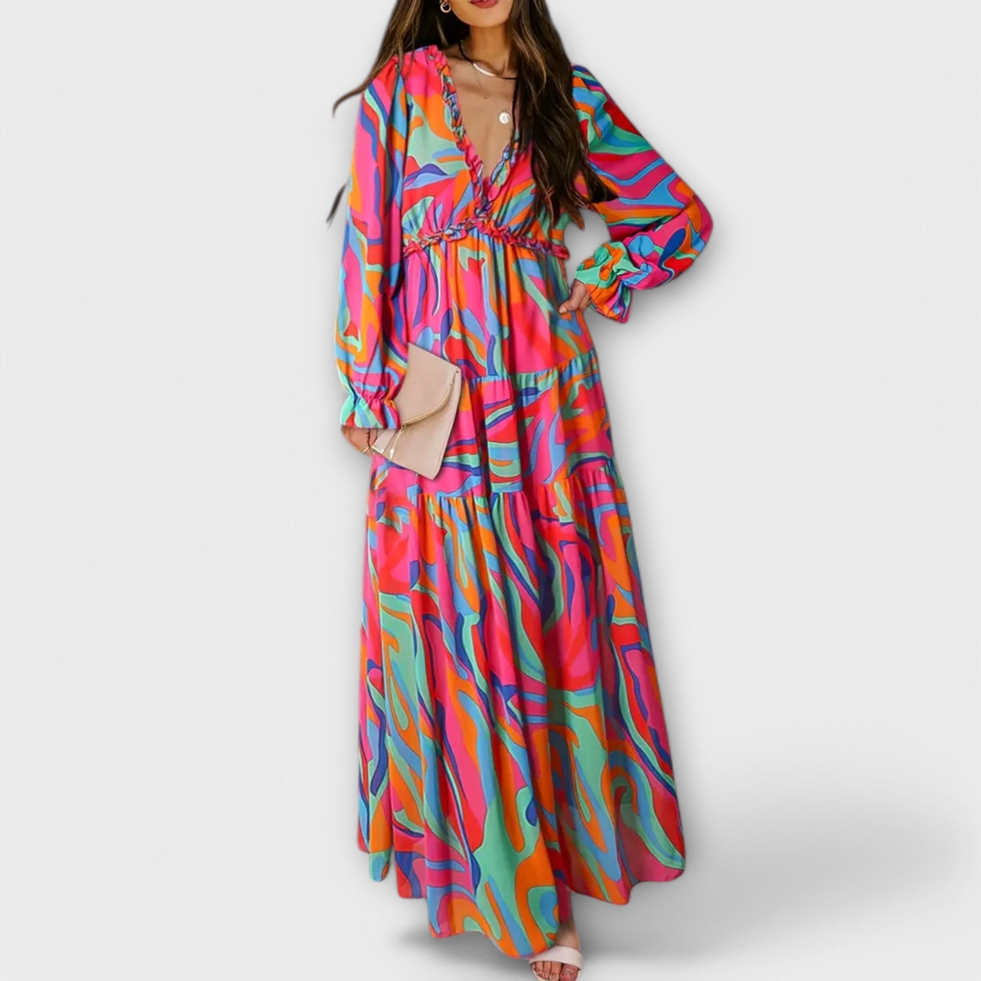 Solène™ | Elegant long floral dress with sleeves, perfect for any occasion