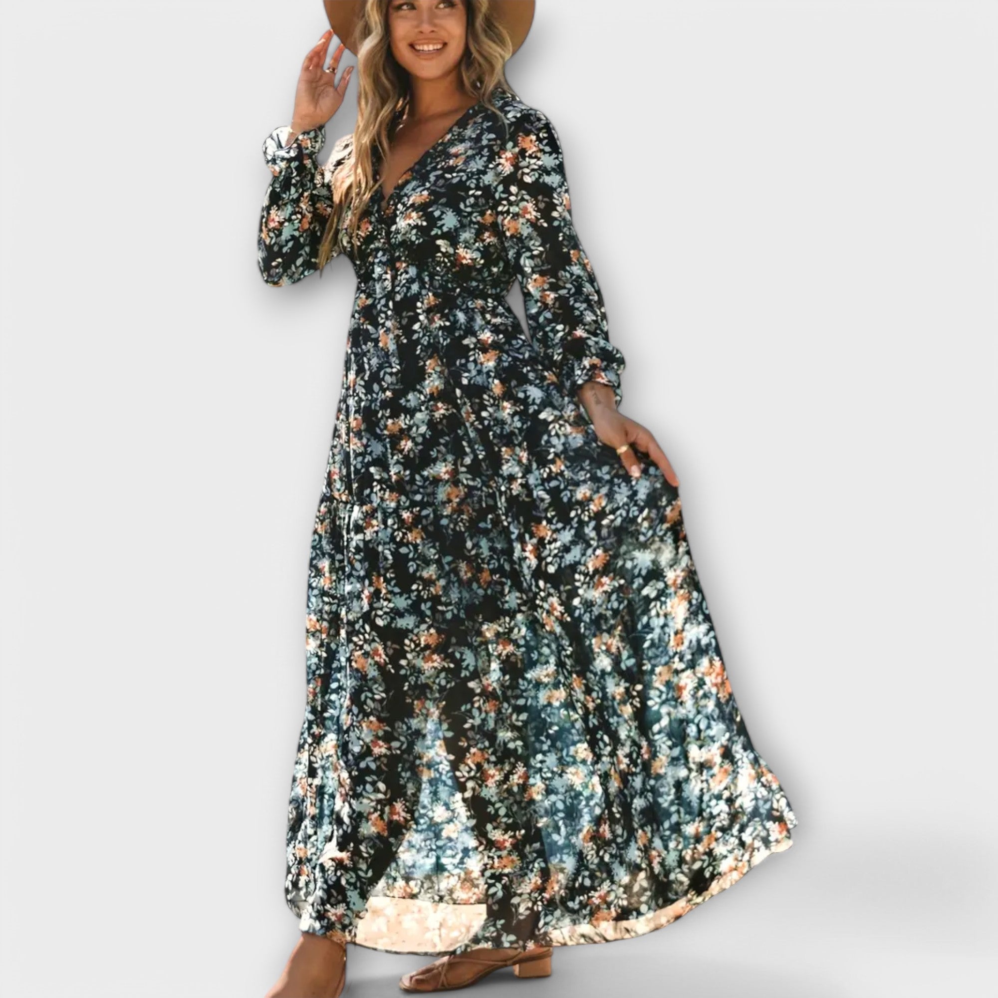 Solène™ | Elegant long floral dress with sleeves, perfect for any occasion