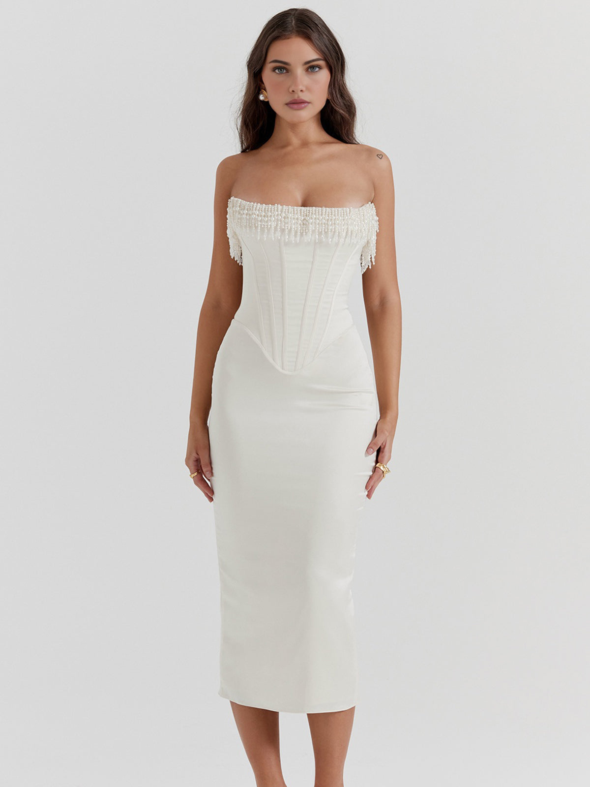 Olivia - Strapless Pearl Midi Dress