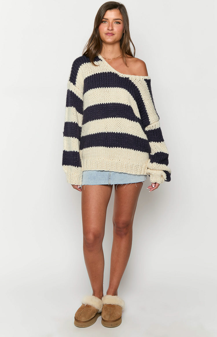 Delvey Navy Striped Chunky Knit Sweater