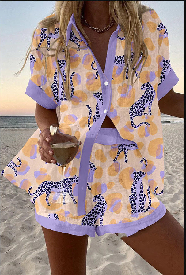 Reolia™ | Stylish Short Linen Suit, Chic Leopard Print Design