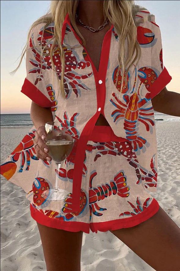 Daphira™ | Stylish Short Linen Set, Fun Lobster Design