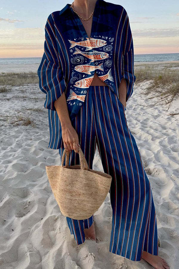 Zairine™ | Elegant Linen Set Featuring Unique Blue Koi Design
