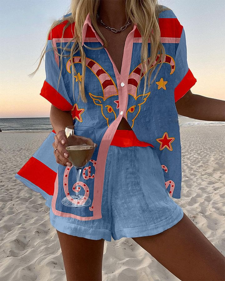 Jorelle™ | Stylish Short Linen Set, Goat Print Design