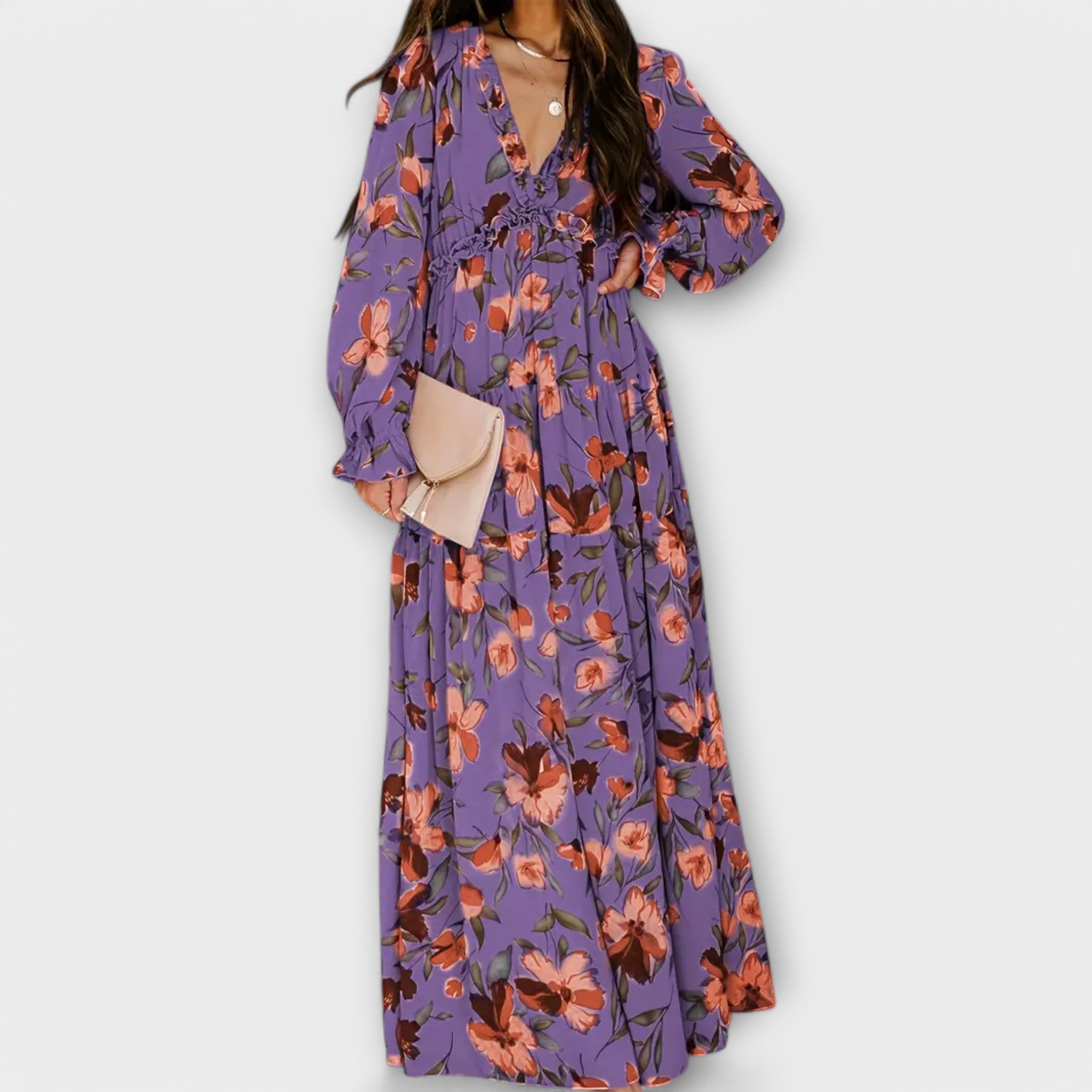 Solène™ | Elegant long floral dress with sleeves, perfect for any occasion