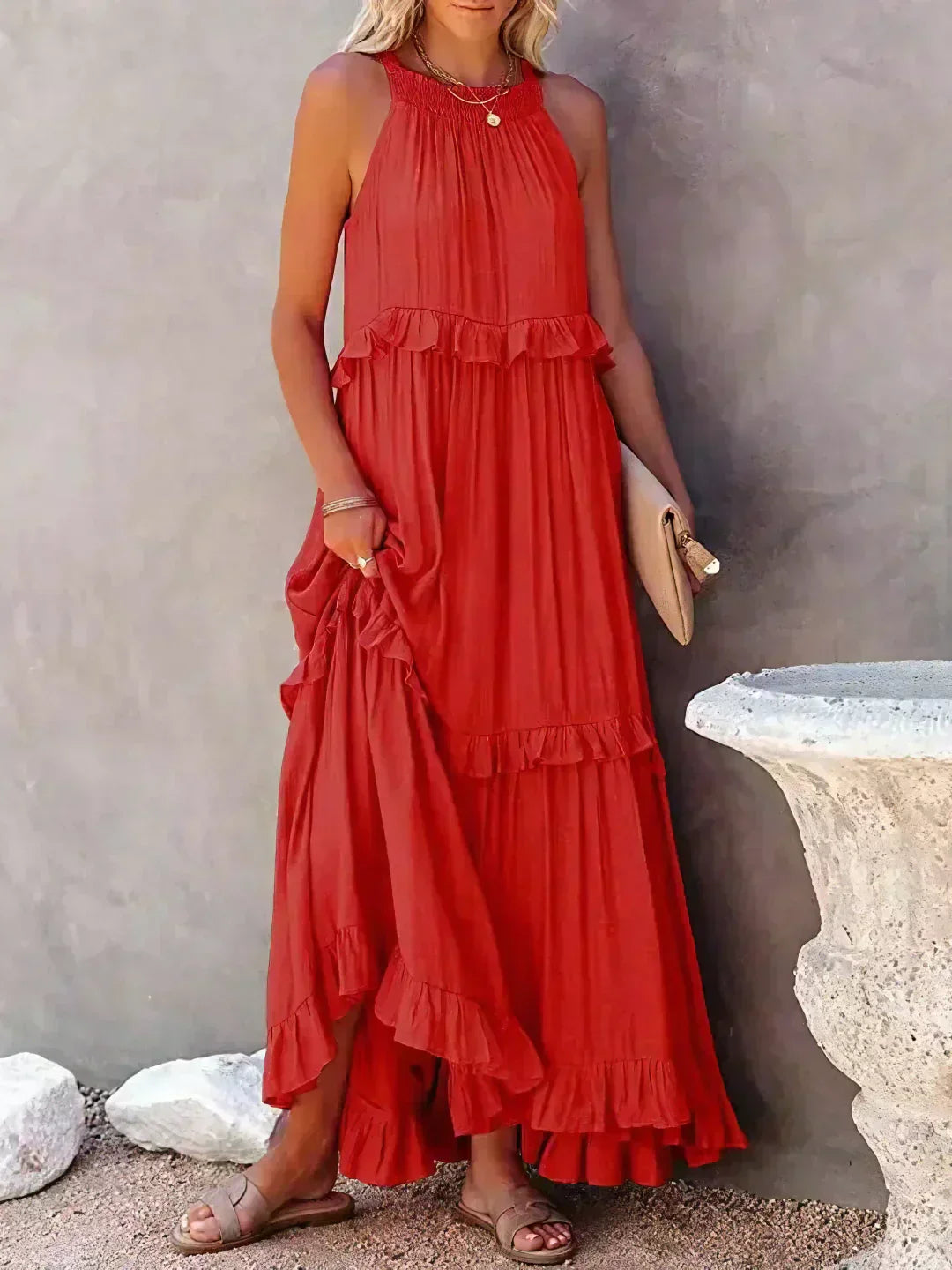 Sarah | Elegant Halter Maxi Dress with Ruffles, Perfect for Summer
