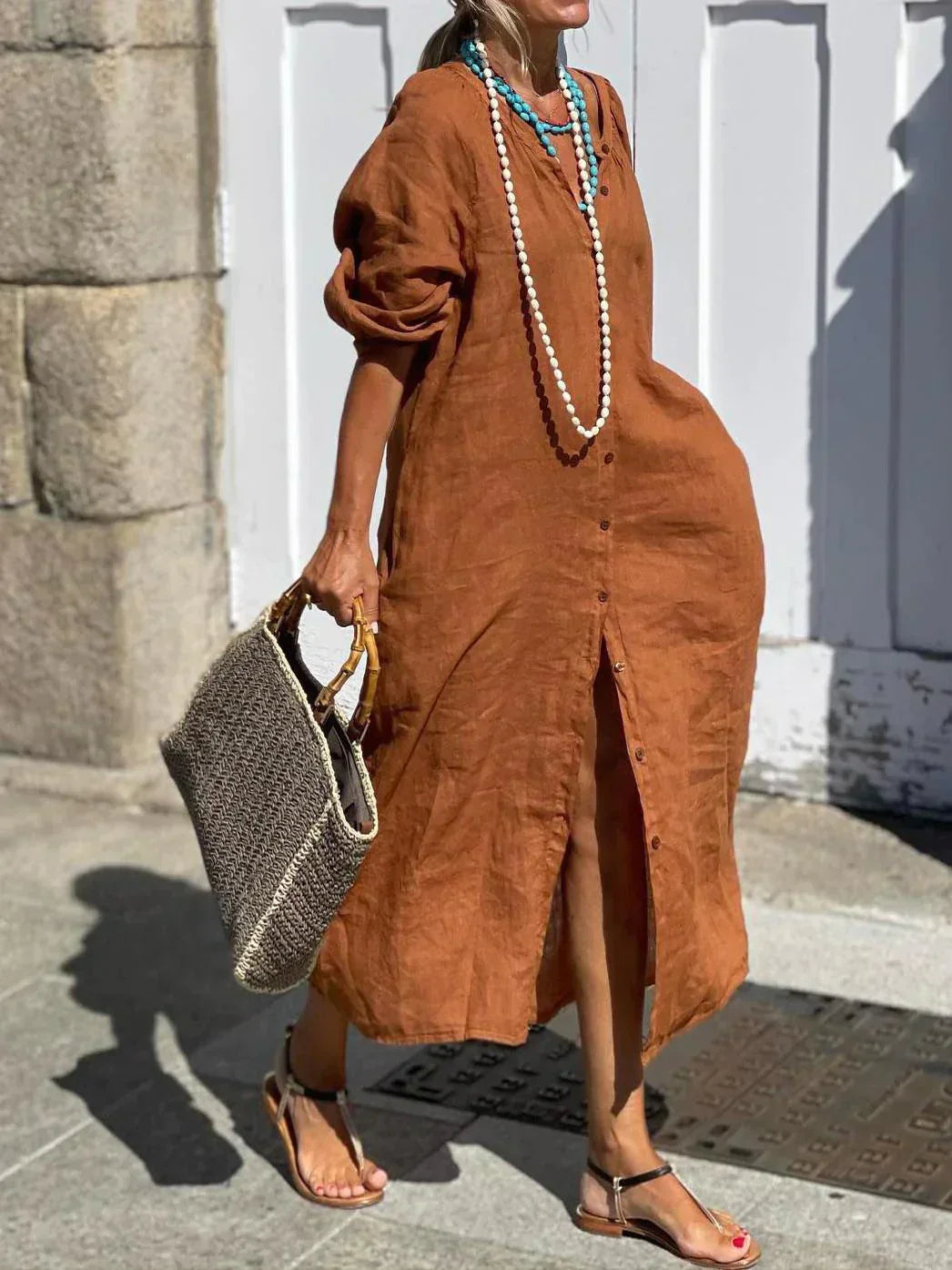 Antonia™ | Elegant long linen dress with button details